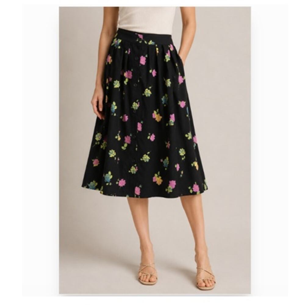 ModCloth Floral Midi Skirt Womens 14 Black Button Front Retro A Line Cottagecore